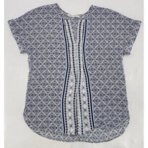 Max Studio Blue & White Chiffon Split V-Neck Blouse Sz M Boho, Preppy,‎ Workwear